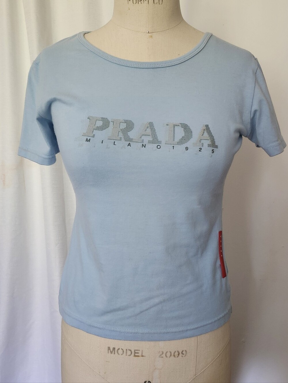 Prada Pale Blue Logo Short Sleeve Tee with Red Tag- Womens Y2k Raver 90s Vibes